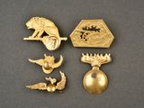 three gold brooches and a lion on a black background
