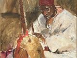 une peinture à l'huile représentant un homme jouant d'un instrument de musique sur un tapis