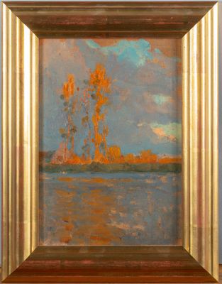 une peinture à l'huile représentant un paysage avec des arbres et un plan d'eau