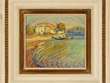 un tableau représentant une maison sur une plage, avec un bateau dans l'eau