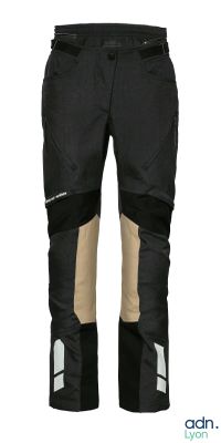 the pants are black and tan with a zipper on the side