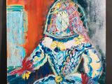 un tableau représentant une femme en costume, assise sur une chaise