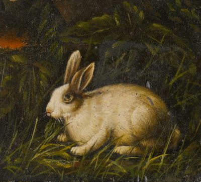 un tableau représentant un lapin blanc assis dans l'herbe près d'un étang