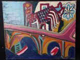 une peinture représentant une peinture d'un pont orné de fleurs