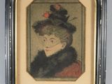 portrait d'une femme portant un chapeau et un manteau de fourrure, dans un cadre noir