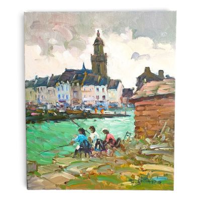 an oil painting of a group of people sitting on a beach