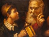 painting of an old man and a young boy with a lantern