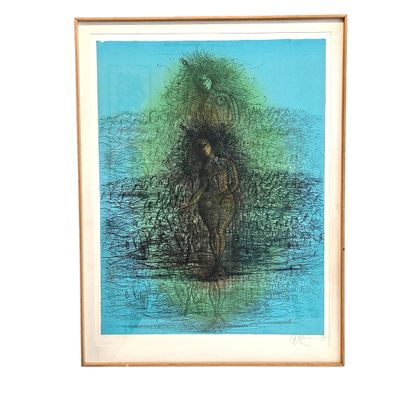 painting of a woman standing in the water with a tree in the background