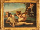une image représentant un tableau où l'on voit un groupe d'anges au-dessus d'une étendue d'eau