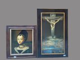 two paintings on the wall of a church with a crucififix