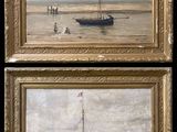 two paintings of boats on the water with people in the background