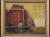 tableau représentant un groupe d'hommes assis à une table, avec un grand vase en arrière-plan