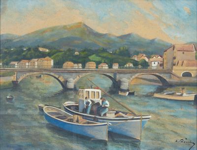 une peinture représentant un bateau sur l'eau, avec un pont en arrière-plan