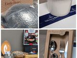 plusieurs photos représentant divers aliments, notamment une tasse, une cuillère et une fourchette