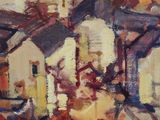 a painting of a building with a clock on it