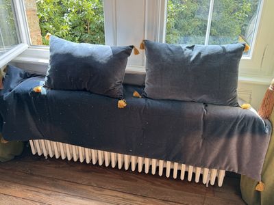 un canapé sur lequel sont posés deux coussins, devant une fenêtre