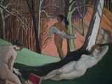 a painting of a man and a woman in the woods