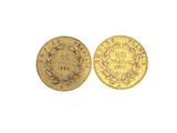 two gold sovereigns, one of which has a crown and the other of which is a wreath