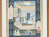 painting of a group of people in a room with a fountain