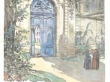 dessin représentant un tableau représentant une porte bleue dans un bâtiment en pierre
