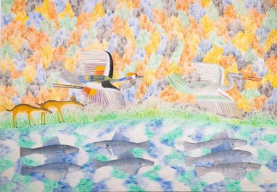 painting of a flock of birds flying over a body of water next to a flock of fish