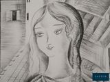 drawing of a woman with long hair in a black and white photo