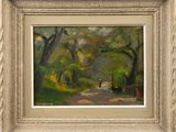 an image of a painting of people walking down a path in the woods
