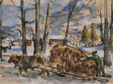 a painting of a man and a horse pulling a wagon full of logs