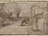 une image représentant un dessin d'un cheval tirant une charrette sur laquelle se trouve un homme