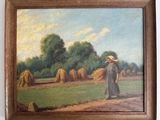 painting of a woman with a straw bale in a field