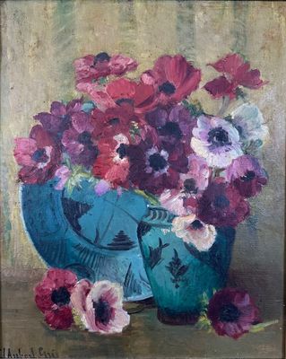 une peinture à l'huile représentant un vase bleu rempli de fleurs roses et blanches