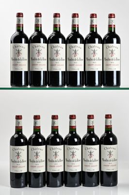 six bottles of red wine are lined up on a glass shelf