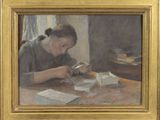 an oil painting of a woman sitting at a table working on a piece of paper