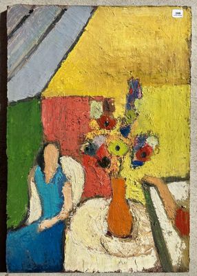 a painting of a woman sitting at a table with a vase of flowers