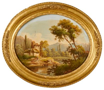 peinture représentant un paysage avec une petite maison et une rivière