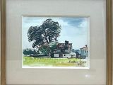 framed watercolor painting of a house and tree in a field