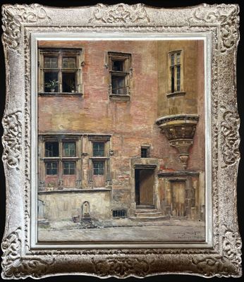 painting of an old building with a window and a balcony