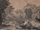 a picture of a drawing of a landscape with sheep