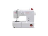 La machine à coudre est blanche et comporte un bouton rouge.