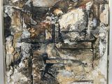 an abstract painting with black and white paint on a white background