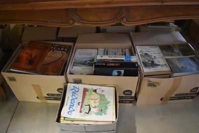 des boîtes de livres sont empilées sur le sol