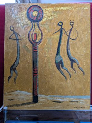 un tableau représentant un homme et une femme sur un poteau