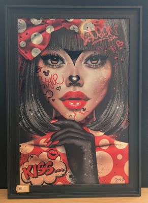 a painting of a woman with a red bow on her head