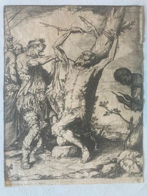 une image représentant un dessin d'un homme sur une croix, cloué à un arbre