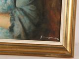 a painting of a woman in a blue dress holding a scroll