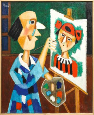 un tableau représentant une femme en train de peindre un tableau sur un chevalet