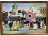 an oil painting of a city street scene with people and buildings