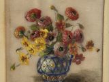 a painting of flowers in a blue vase on a table