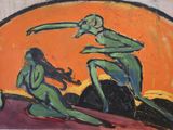 a painting of a man and a woman sitting on a rock