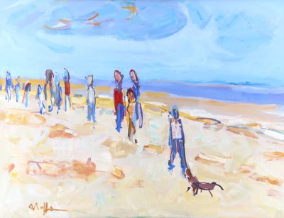 painting of a group of people walking on a beach with a dog